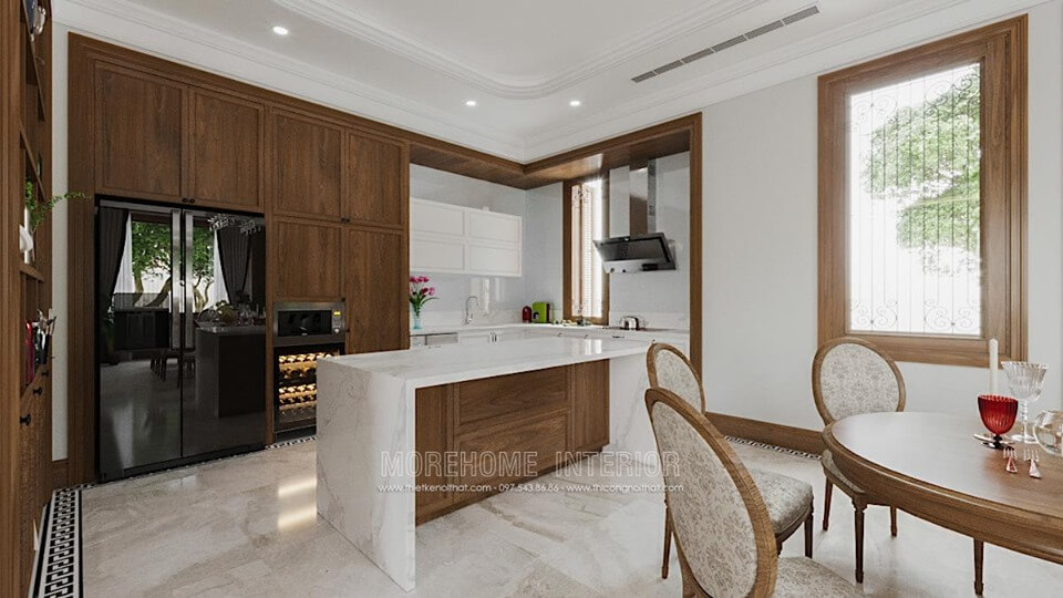 Thiết kế nội thất phòng bếp đẹp với chất liệu gỗ tự nhiên, đá ốp bàn bếp, tủ rượu,... Thiết kế phòng bếp đẹp và sang trọng