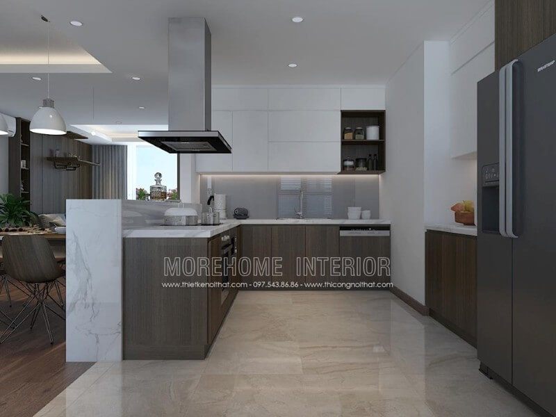 Thiết kế nội thất phòng bếp chung cư với đồ nội thất bố trí khoa học gọn gàng