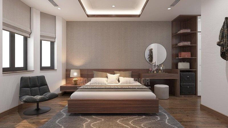 Bạn đang phân vân không biết lựa chọn vật liệu lát sàn phòng ngủ, hãy tham khảo mẫu thiết kế nội thất phòng ngủ bởi kts Morehome trên đây, bạn chỉ cần lựa chọn gỗ lát sàn được trải thảm để mỗi khi thức giấc, nhất là vào ngày trời lạnh, đôi chân của bạn vẫn được giữ ấm trên nền thảm ấm áp dễ chịu, cơ thể sẽ không bị sốc nhiệt và sàn gỗ lại càng được ưu tiên vì nó ấm hơn tất cả các loại vật liệu khác vào mùa đông.