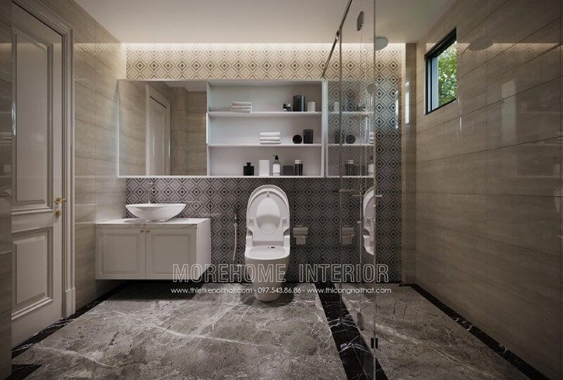 Thiết kế nội thất phòng tắm hiện đại đẹp độc đáo từ gương ốp tường.