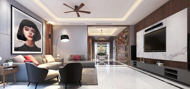 Bố trí nội thất phòng khách liền phòng ăn đẹp, sang trọng cho biệt thự, nhà phố tại Vinh, Nghệ An.