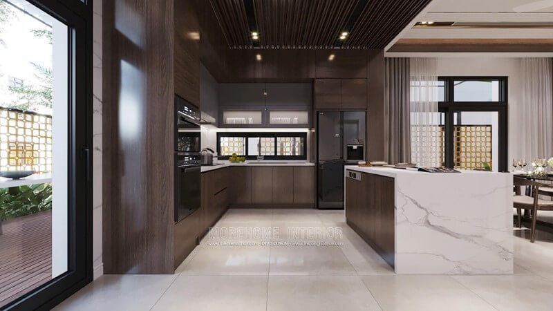 Mẫu tủ quầy bar gỗ óc chó hiện đại, mặt quầy ốp đá tự nhiên màu trắng vây mây sang trọng và sạch sẽ