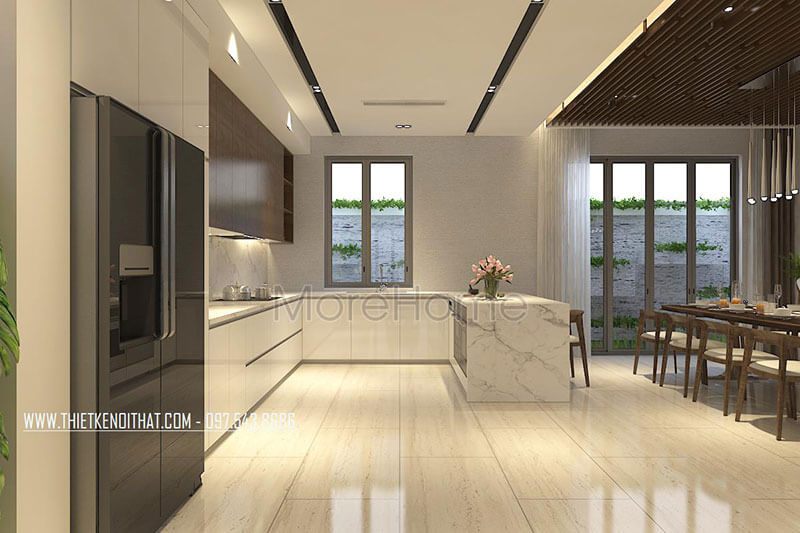 Đảo bếp được thiết kế với chất liệu đá Granit cao cấp, sang trọng và gần gủi