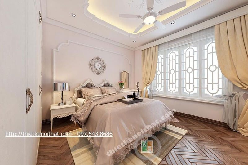 Mẫu giường ngủ gỗ cao cấp với đầu giường bọc da và đường cong tân cổ điển tinh tế, mang lại sự sang trọng.