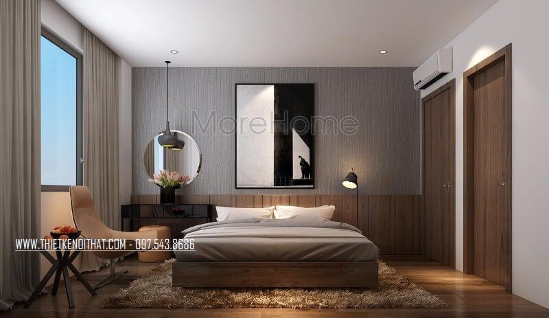 Gương treo tường hình tròn được đặt ngay trên bàn trang điểm trong phòng ngủ, mang đến sự tiện lợi và sang trọng cho không gian thư giãn.