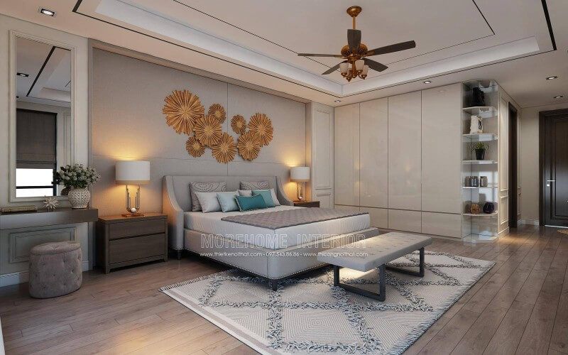 Tủ quần áo gỗ hiện đại với tính năng kết hợp tủ trang trí kính được thiết kế để sử dụng trong phòng ngủ.